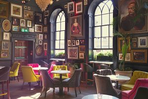 interior of restaurant filled with picture frames on the walls