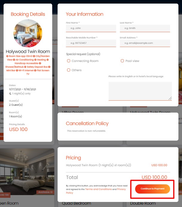 eaSYNC Hotel Booking Plugin Demo Customer Details, Cancellation Policy, Pricing