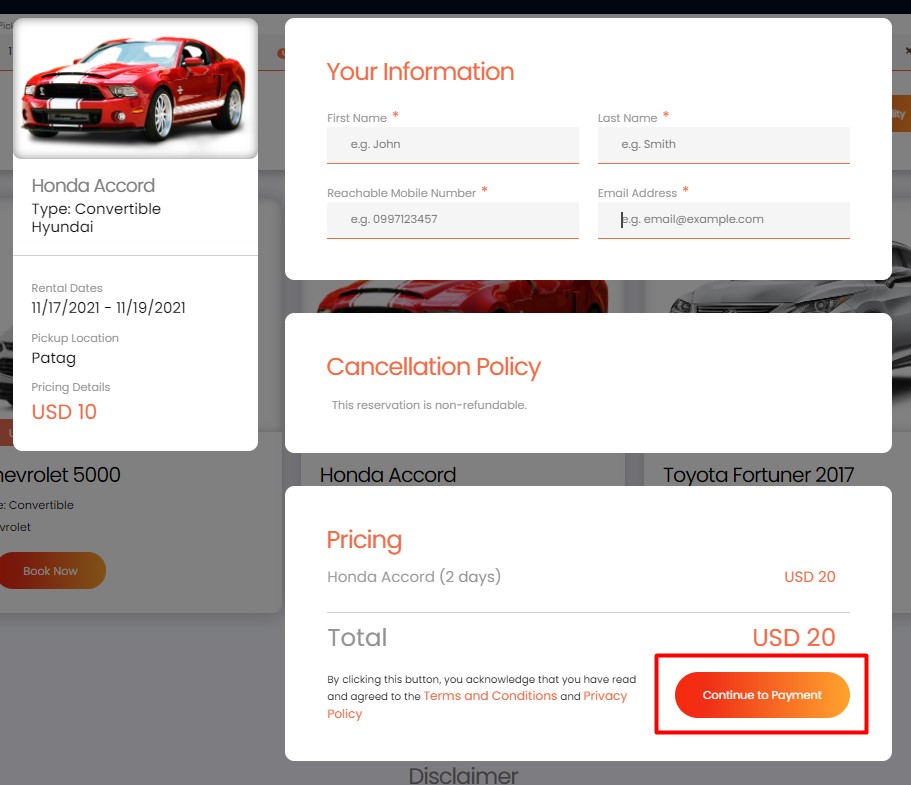 eaSYNC Car Rental Plugin Demo Sample Customer Details, Policy, Pricing
