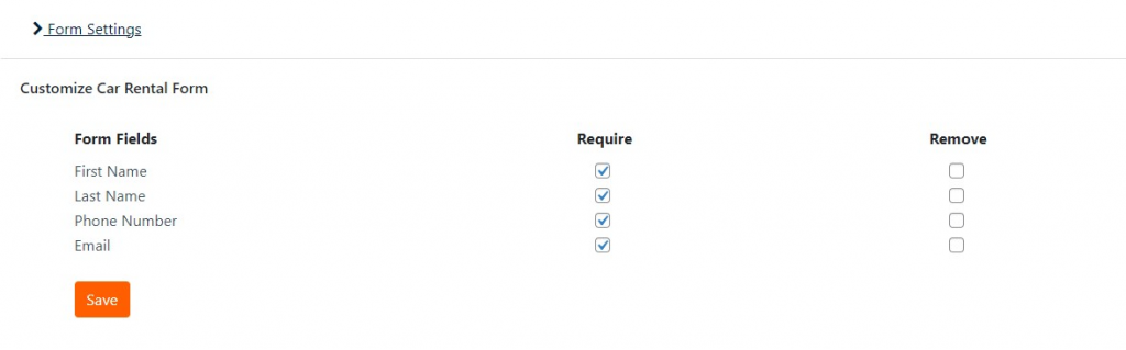 Car Rental Customize Form Fields