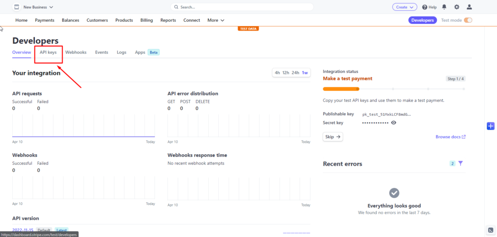 Then go to API Keys tab to set up your Stripe Online Payment Gateway