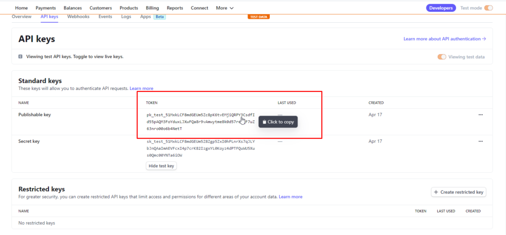 Copy the publishable key and paste to the correct field to set up your Stripe Online Payment Gateway