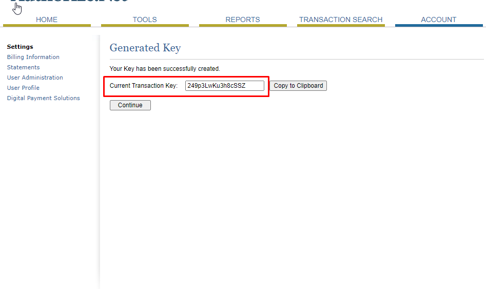 Once done, copy the generated transaction key to set up your Authorize.net Online Payment Gateway