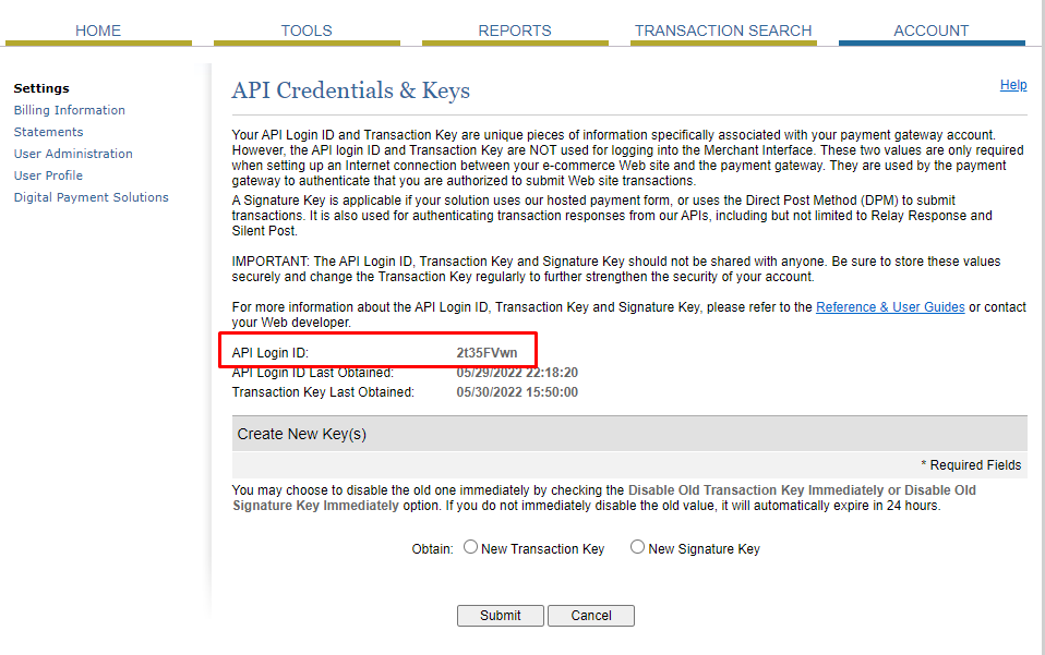 Then go back to API credentials & keys and copy your API Login ID