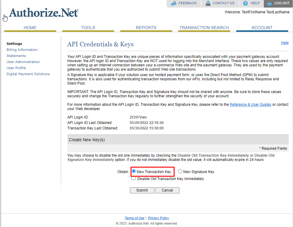 Then create a transaction key by selecting “New Transaction Key”  