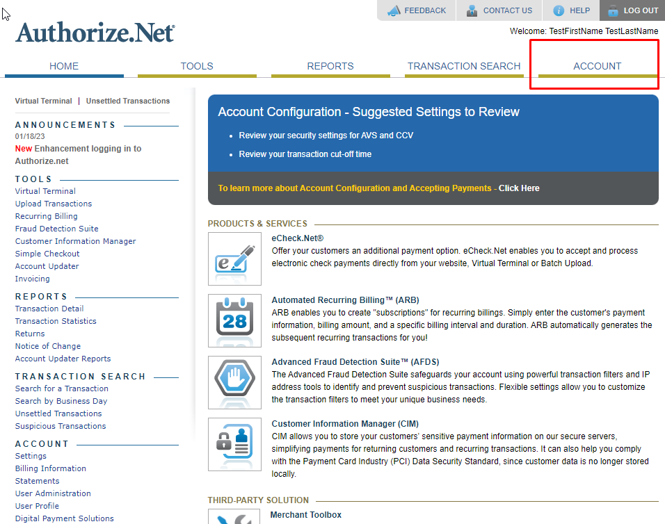 Once logged in, go to the “Account” tab to set up your Authorize.net Online Payment Gateway