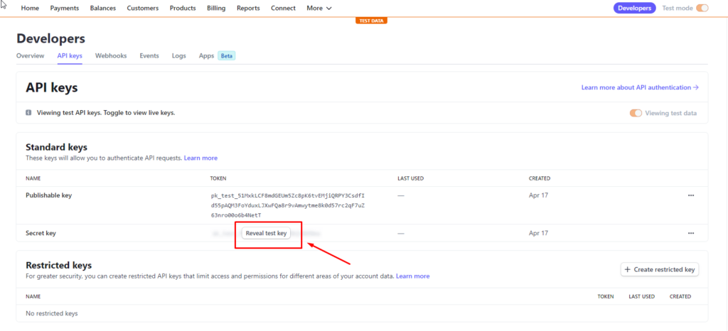 Click “Reveal test key” to get the secret key.